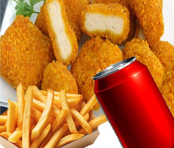 Crispy chicken nuggets and golden French-fries with a refreshing cold drink, served at Local Takeaway in Sydney